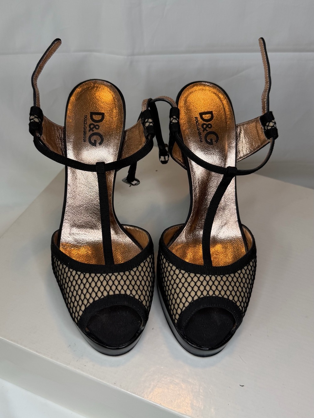 D&G Black Mesh T-Strap Open-Toe Heels with Gold Insole
